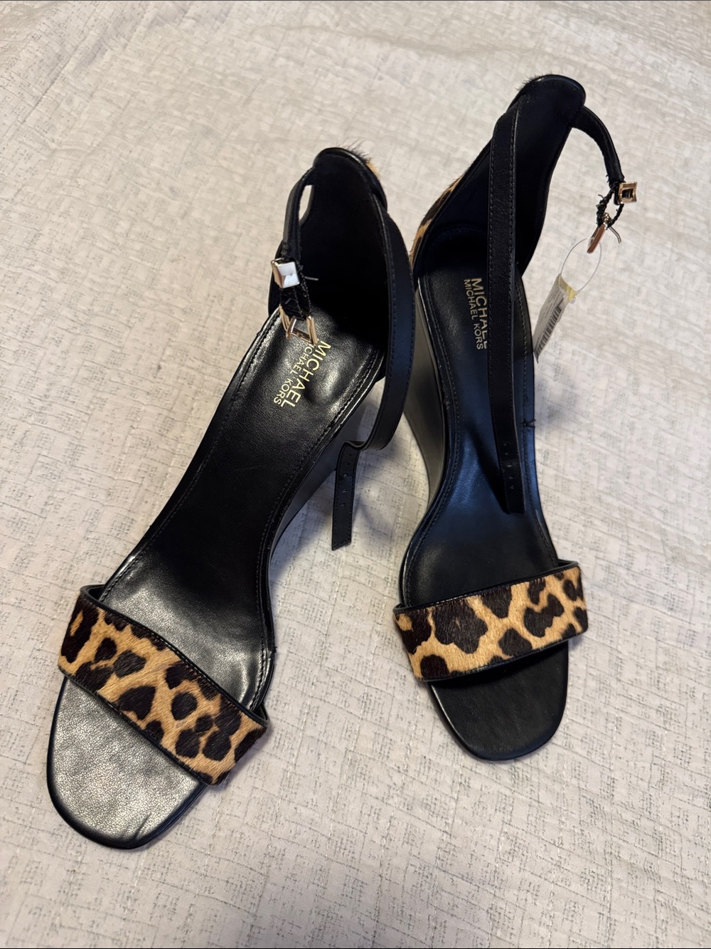 MICHAEL Michael Kors Black with Leopard-Print Front Strap wedge Slingback Heels